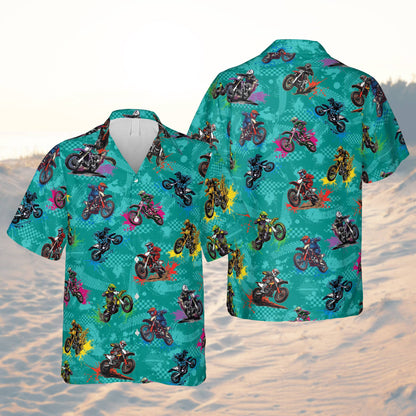 Teal personalized motocross hawaiian shirt, front view