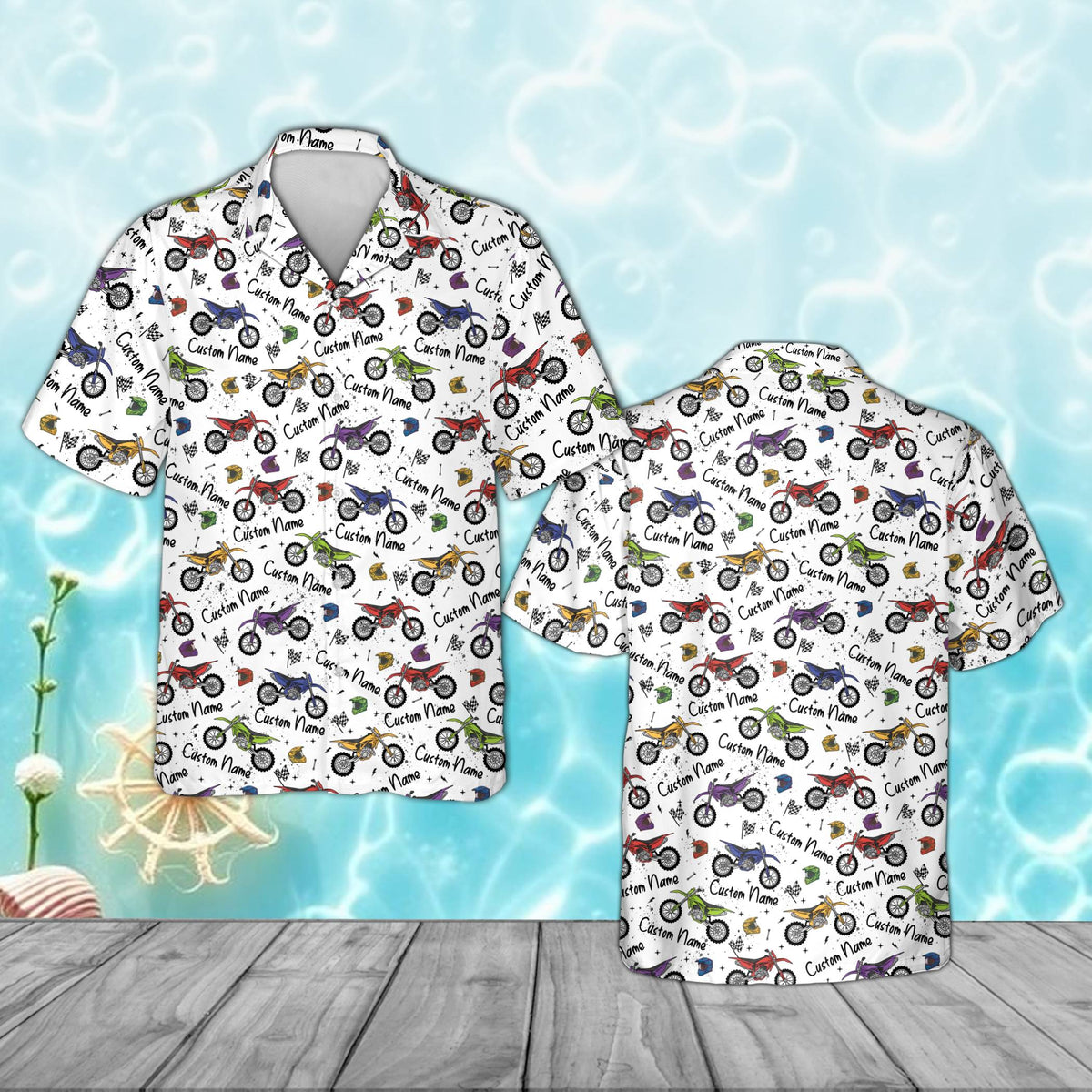 Personalized white motocross hawaiian shirt with custom name and number matching family apparel, main view