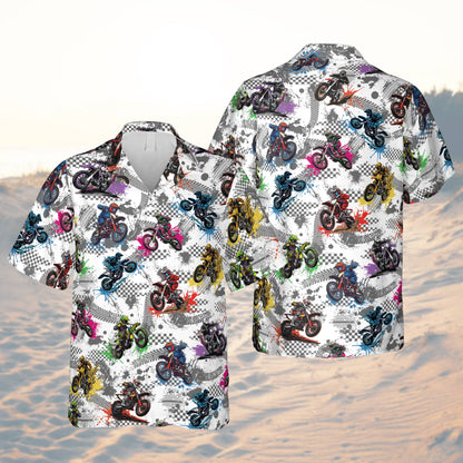 White motocross hawaiian shirt with tire track accents, front view