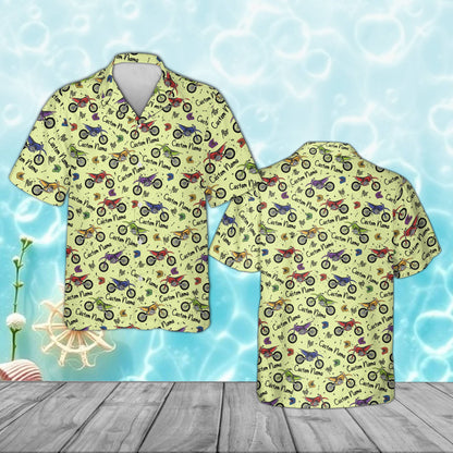Personalized yellow motocross hawaiian shirt with checkered flags, front view