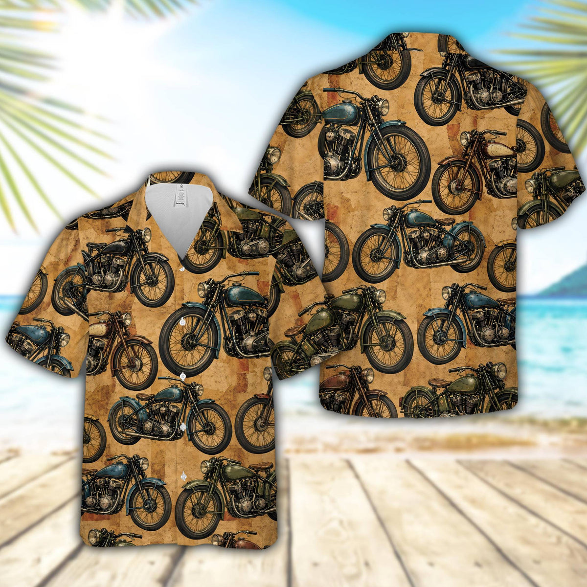 Beige motorcycles hawaiian shirt with vintage motorcycle print, main view