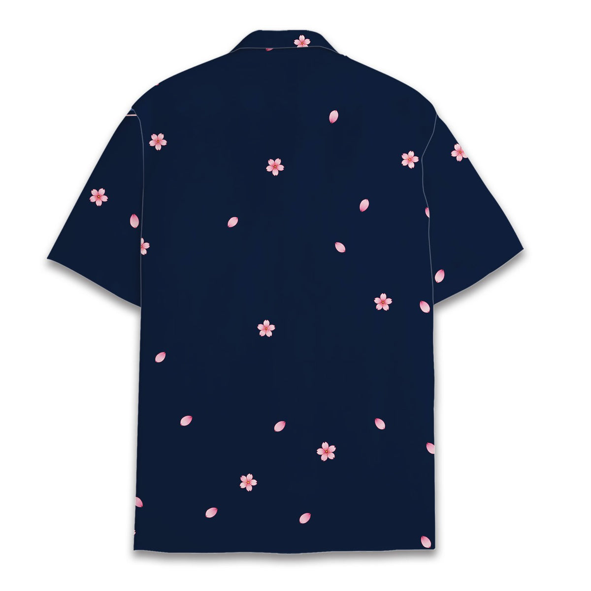 Back view of the navy mount hawaiian shirt with scattered petals