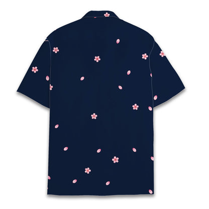 Back view of the navy mount hawaiian shirt with scattered petals