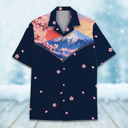 Close-up front view of the floral hawaiian shirt detailing cherry blossoms