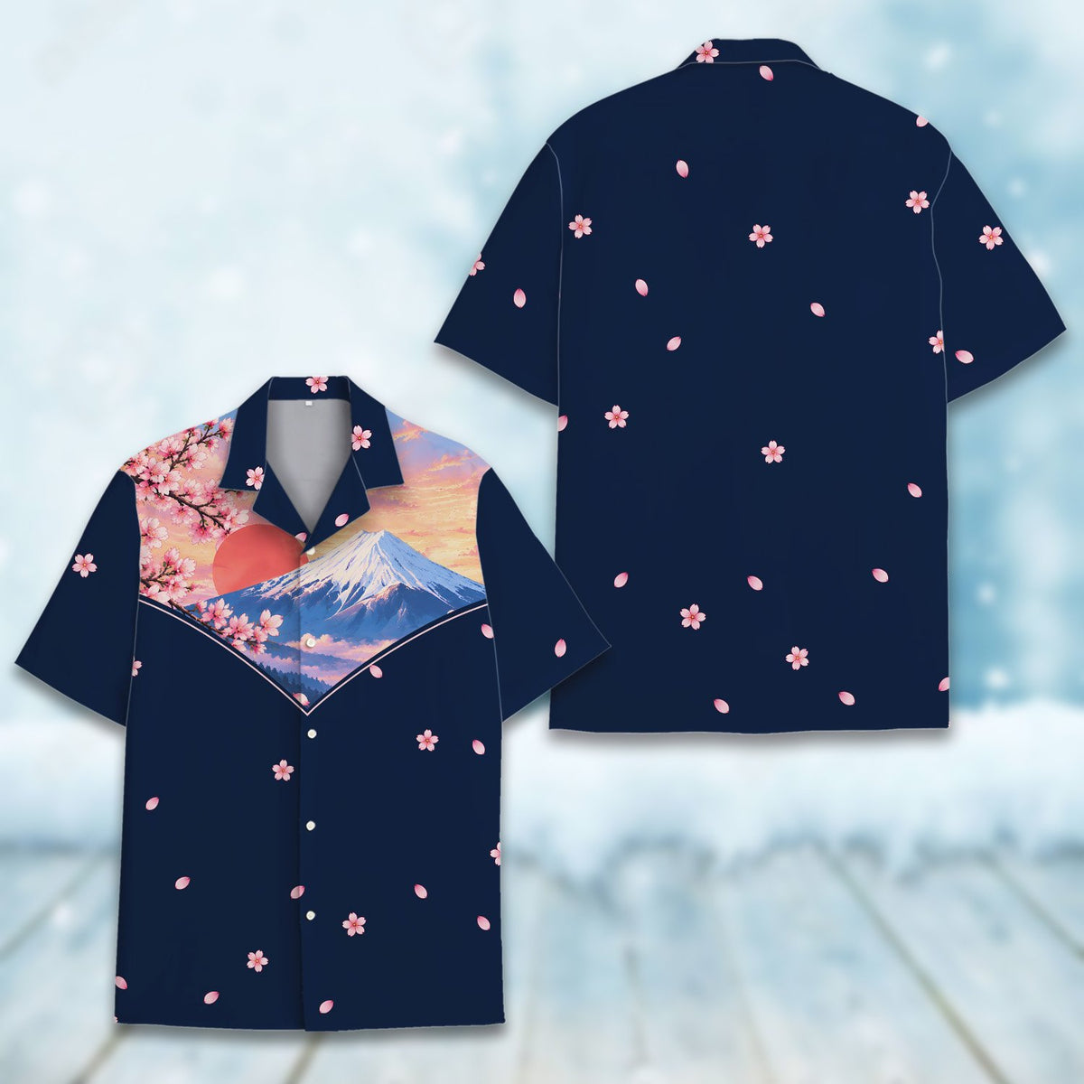 Another front view of the fuji hawaiian shirt with sunset illustration