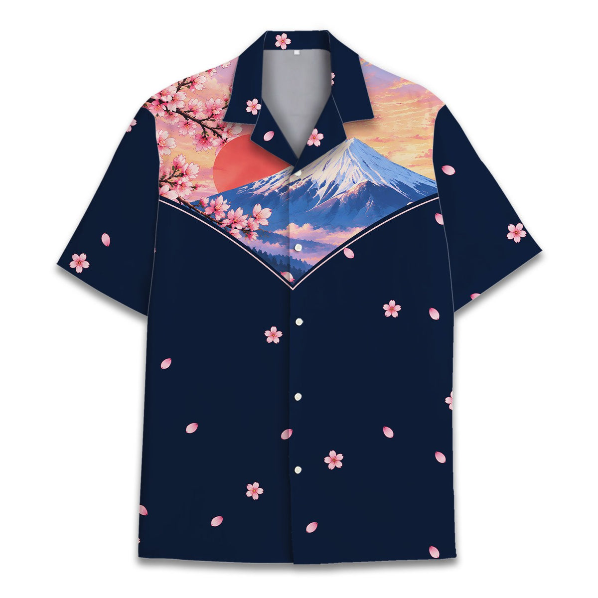 Mount fuji hawaiian shirt front view showing collar and chest design