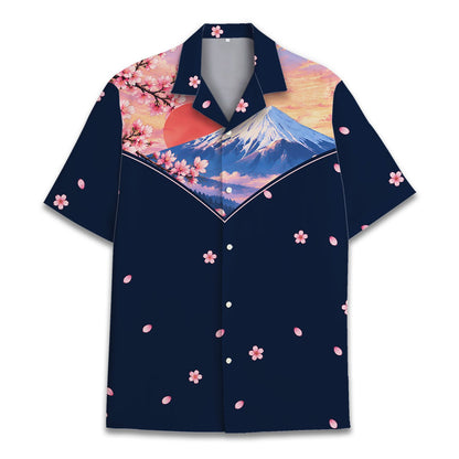 Mount fuji hawaiian shirt front view showing collar and chest design