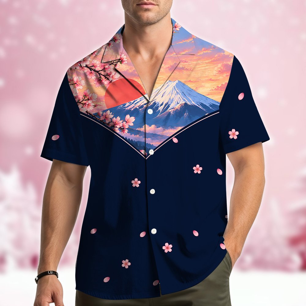 Second lifestyle view of individuals in the mount fuji hawaiian shirt