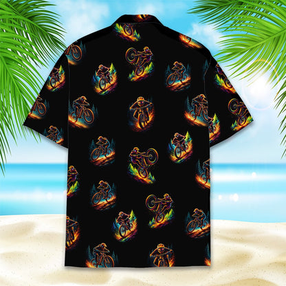 Alternate back view of the black hawaiian shirt with neon glowing mountain bikers