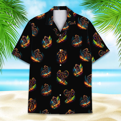 Alternate front view of the neon stunt rider matching family hawaiian shirt
