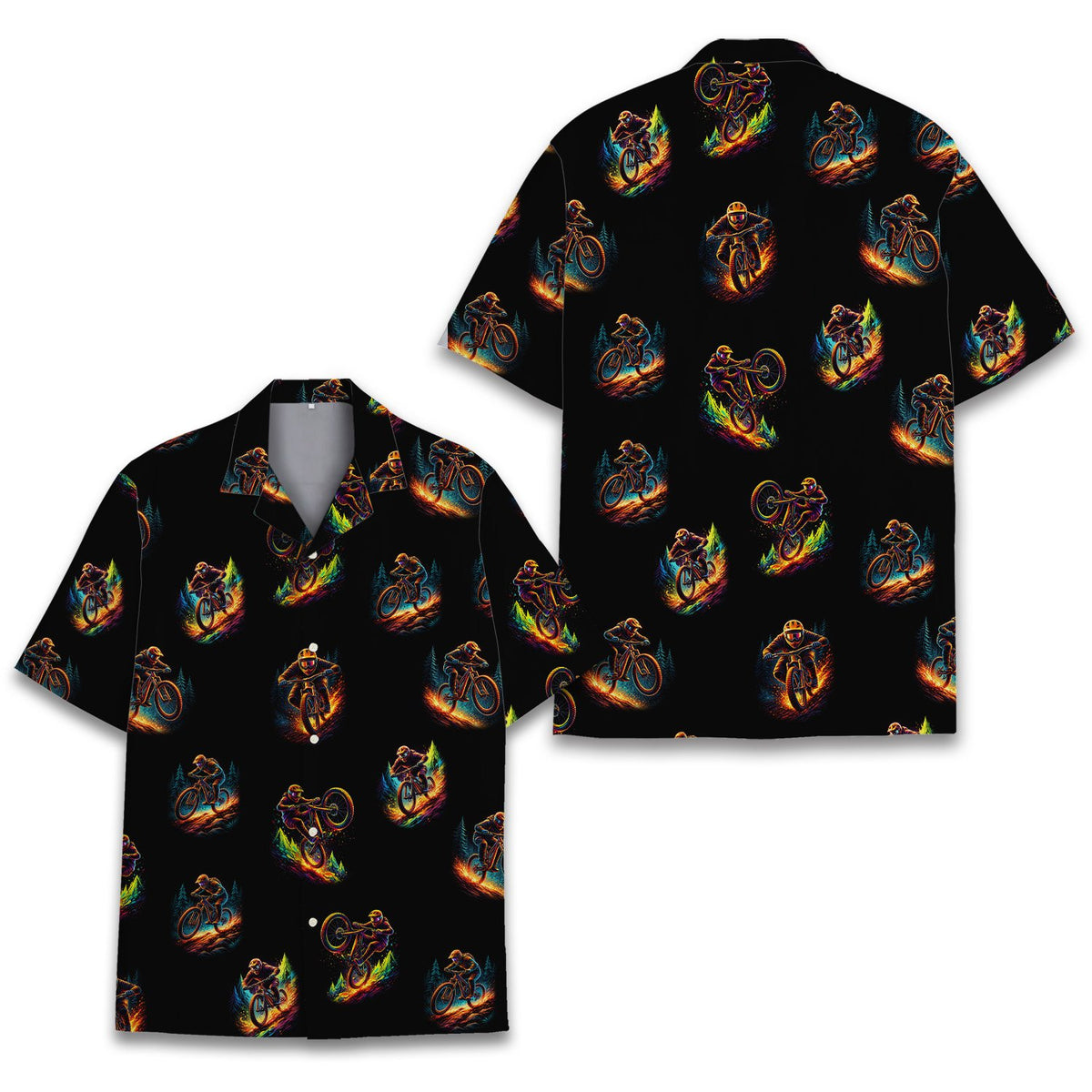 Front view of the mountain biking hawaiian shirt laid flat