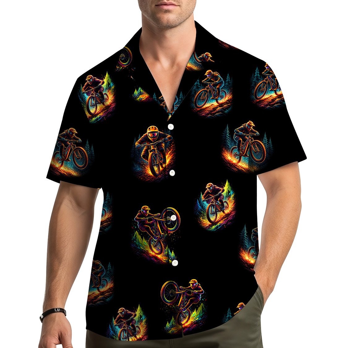Lifestyle view of the neon mountain hawaiian shirt being worn