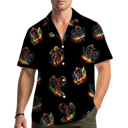 Lifestyle view of the neon mountain hawaiian shirt being worn