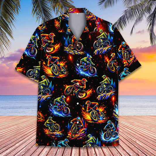 Black mountain hawaiian shirt featuring mountain bikers with fire and water splashes