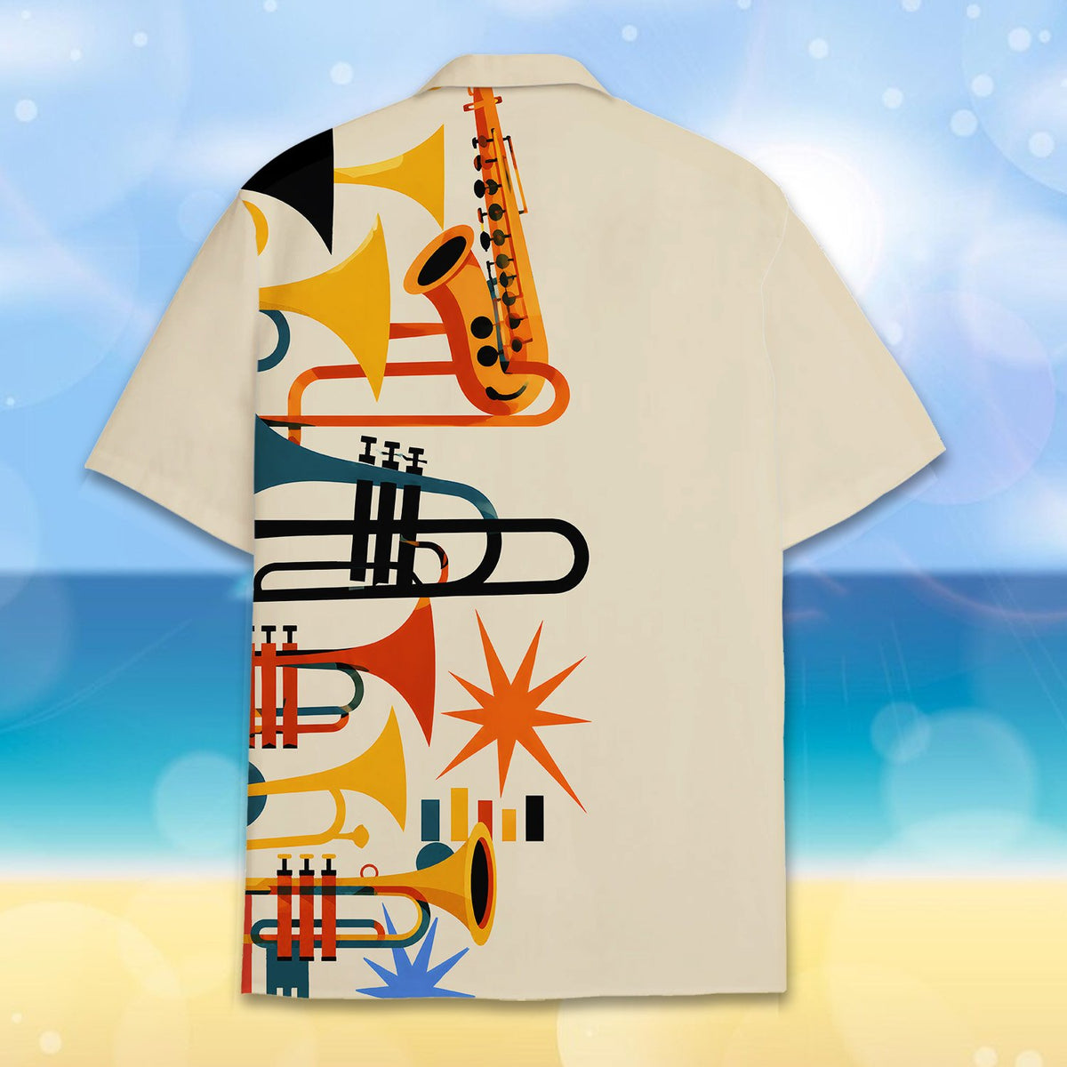 Back view of the retro music hawaiian shirt on beige