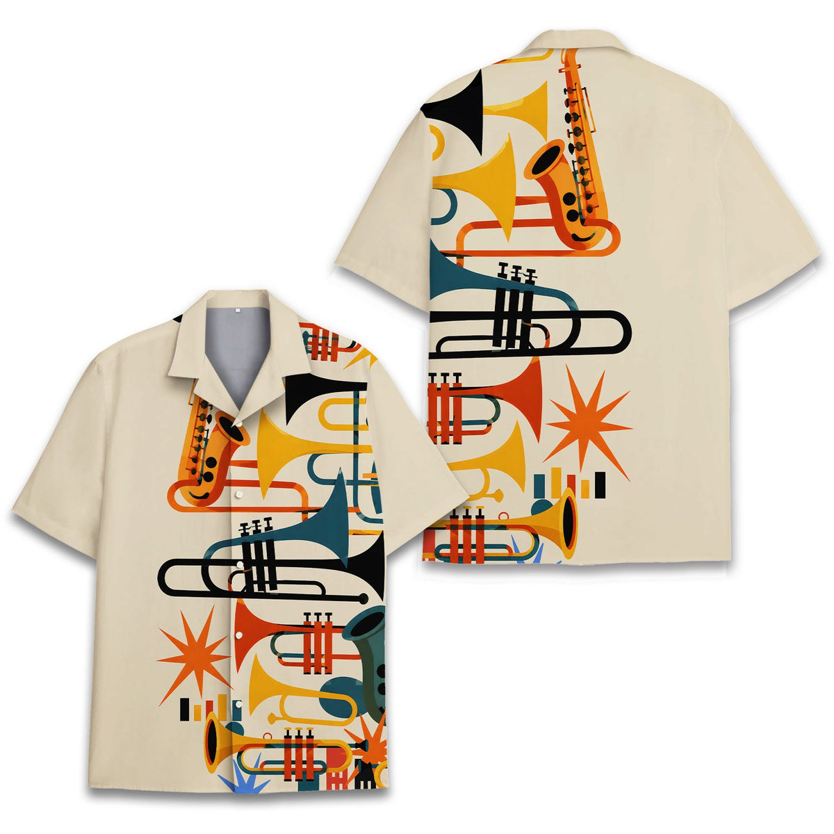Detailed front view of matching family hawaiian shirt in music design