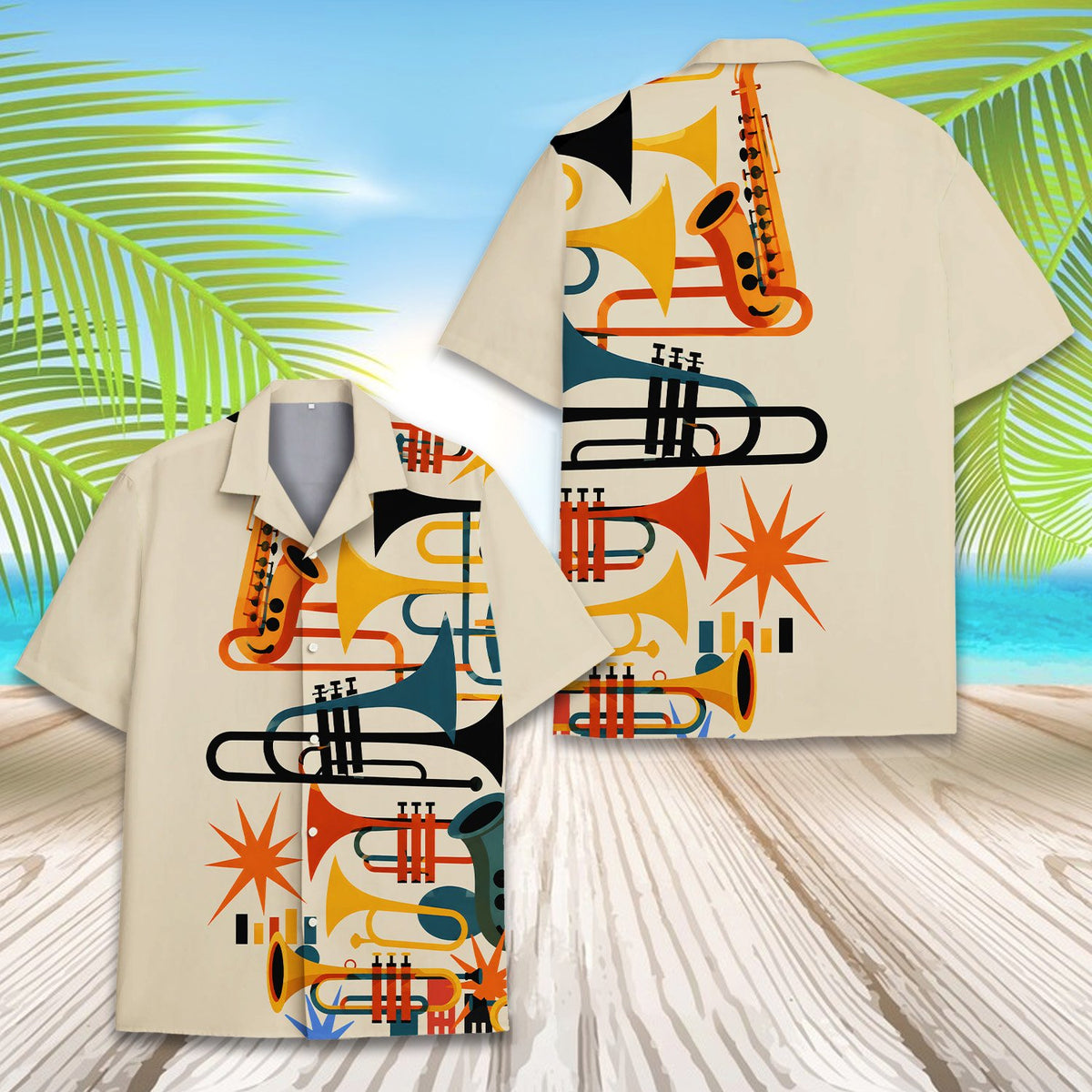 Close-up front view of the beige music hawaiian shirt