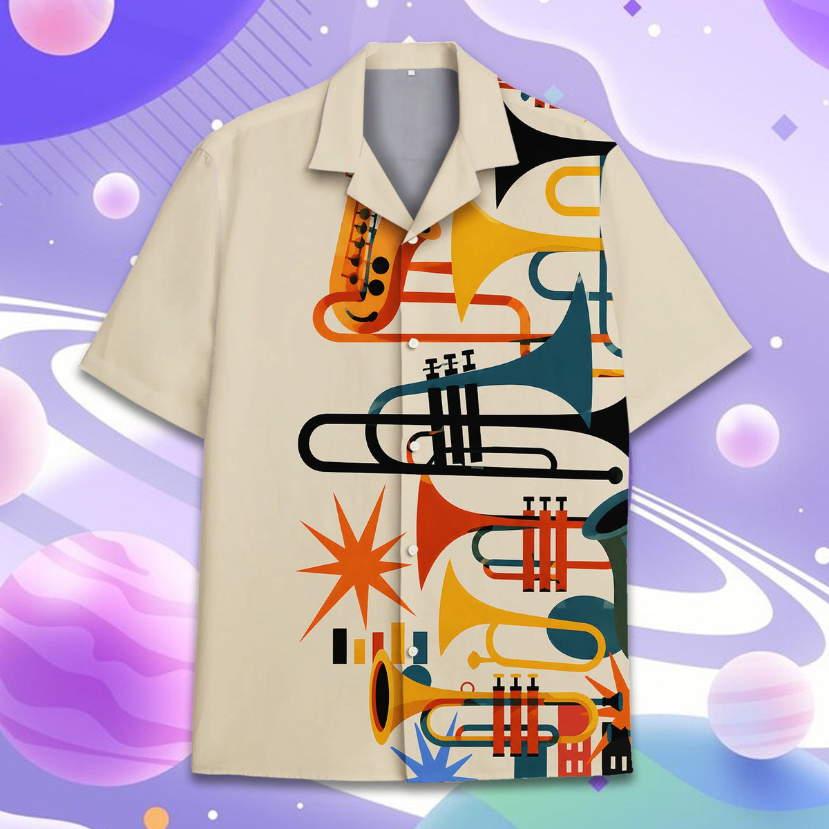 Front angle view of retro music print hawaiian shirt