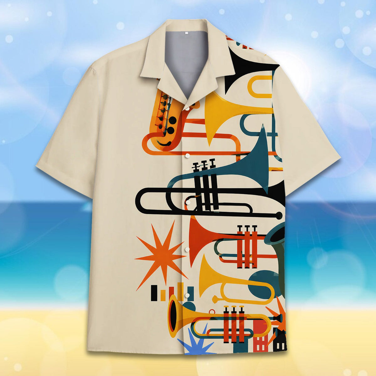 Alternative front view of the mid-century modern music hawaiian shirt