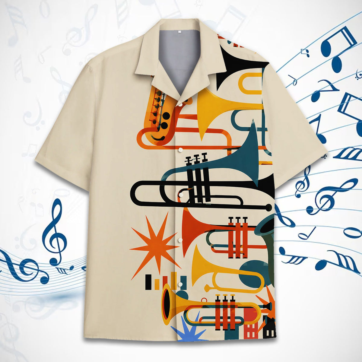 Another front view of the beige hawaiian shirt with musical instruments