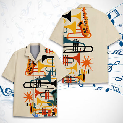 Retro music hawaiian shirt with mid-century instruments on beige, main view