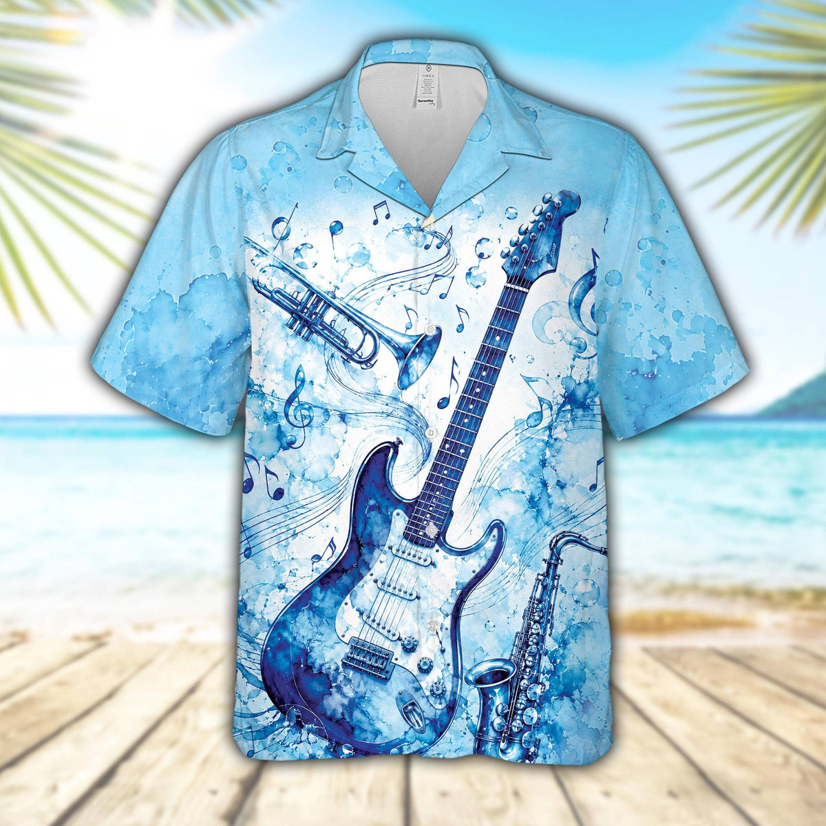 Detailed front view of the matching family hawaiian shirts with light blue artistic music pattern