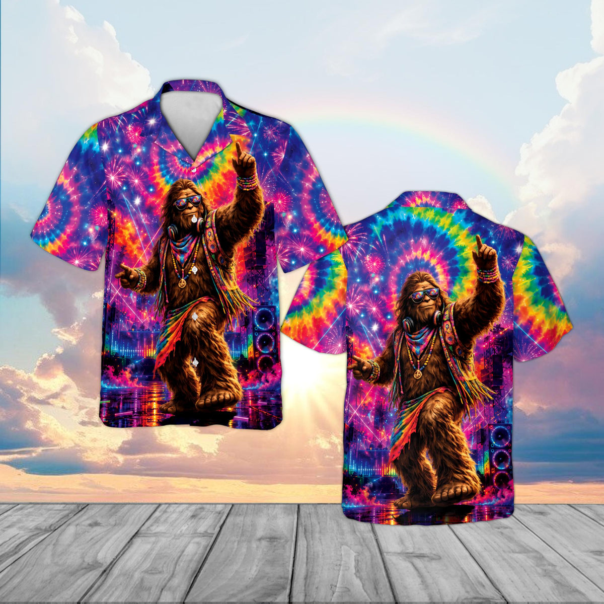 Main view of the music festival bigfoot hawaiian shirt featuring a psychedelic tie-dye pattern