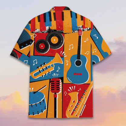 Close-up back view of the music hawaiian shirt showing the detailed abstract collage