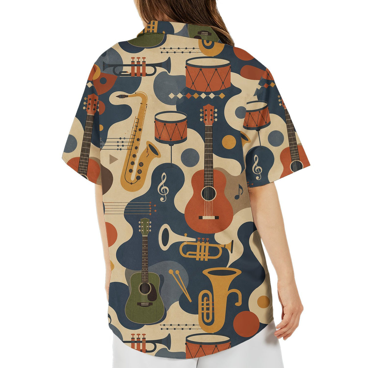 Back view of the retro navy music hawaiian shirt featuring musical notes and instruments