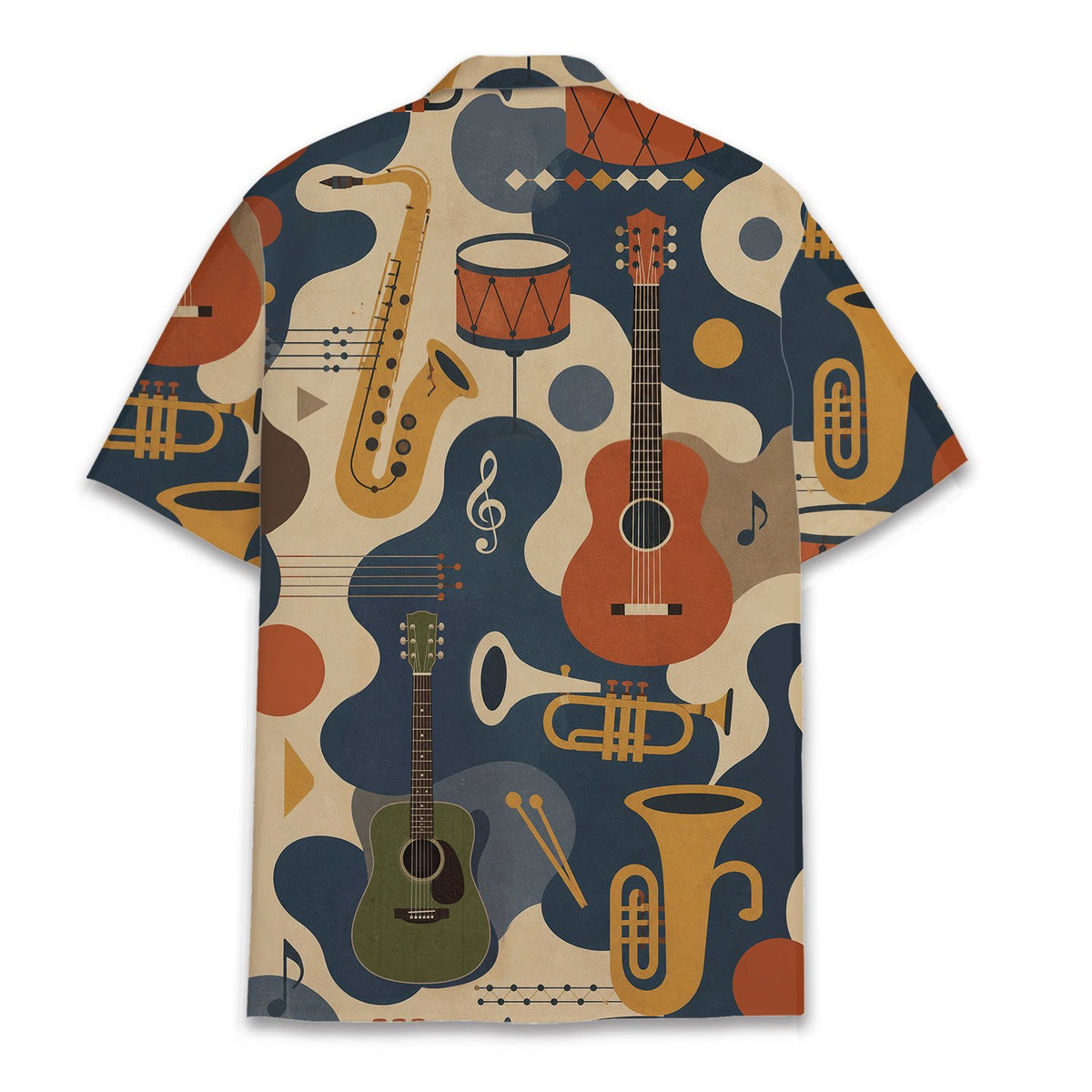 Abstract music hawaiian shirt with retro instruments, back view