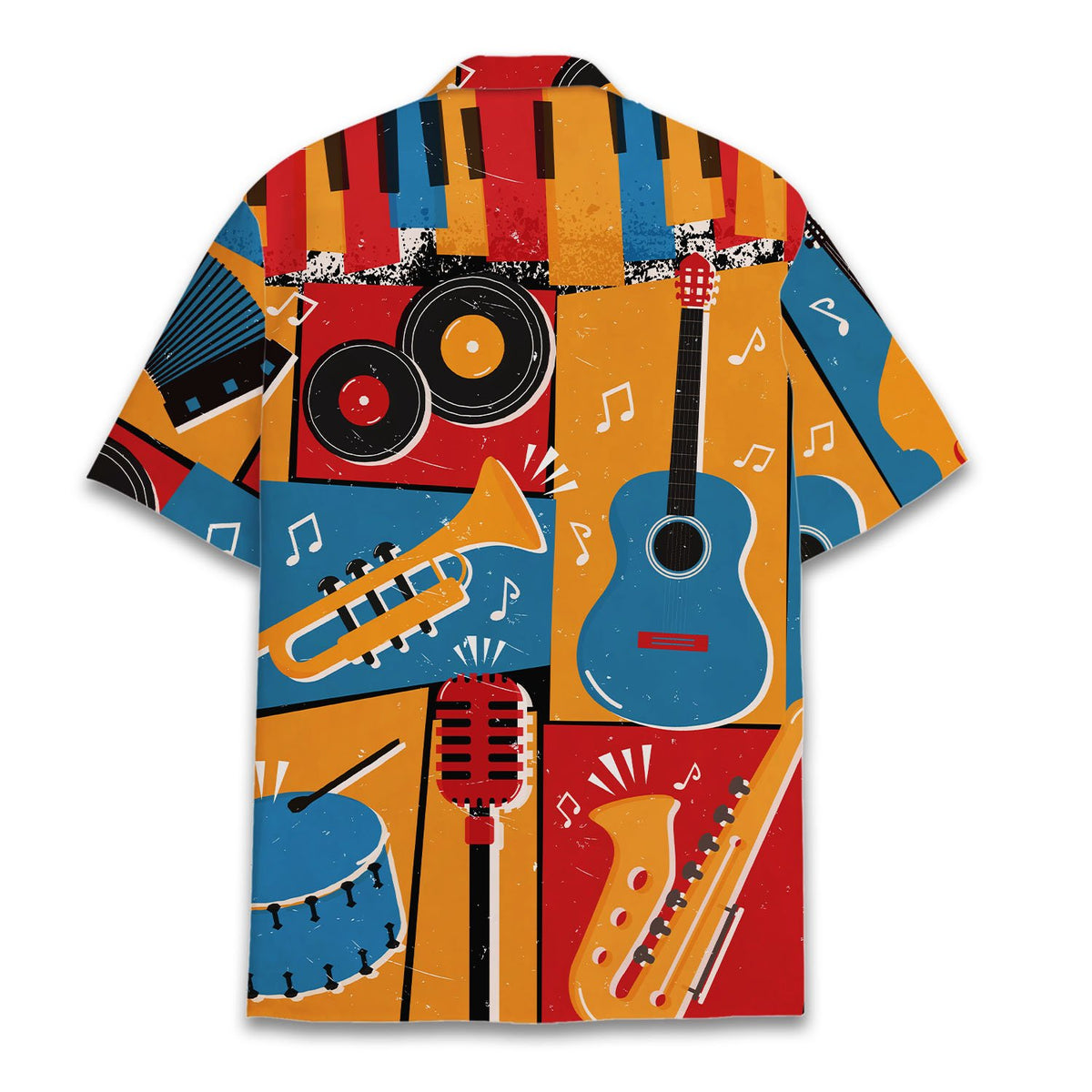 Back view of the music hawaiian shirt displaying the seamless colorful instrument design