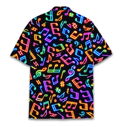 Back view of the vibrant black and multicolor matching family hawaiian shirt