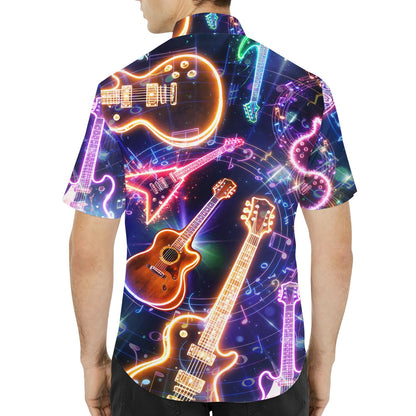 Back view of the music hawaiian shirt with neon guitars
