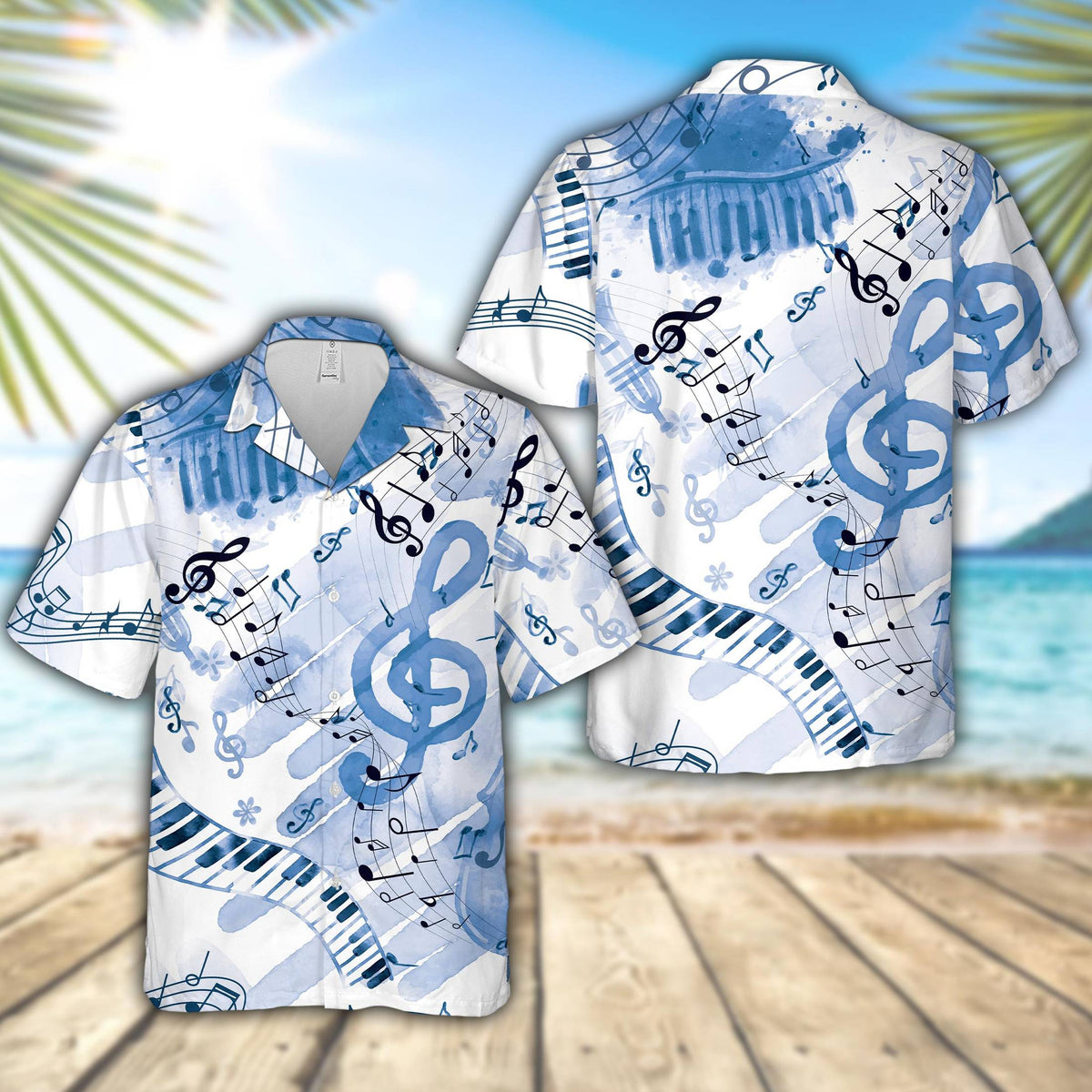 Front view of the white music Hawaiian shirt displaying blue treble clefs and curved piano keyboards.