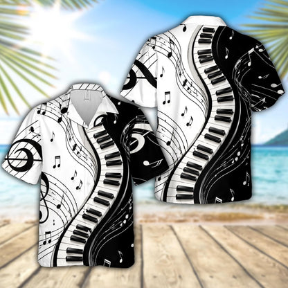 Front view of the matching family hawaiian shirt with sweeping piano key pattern