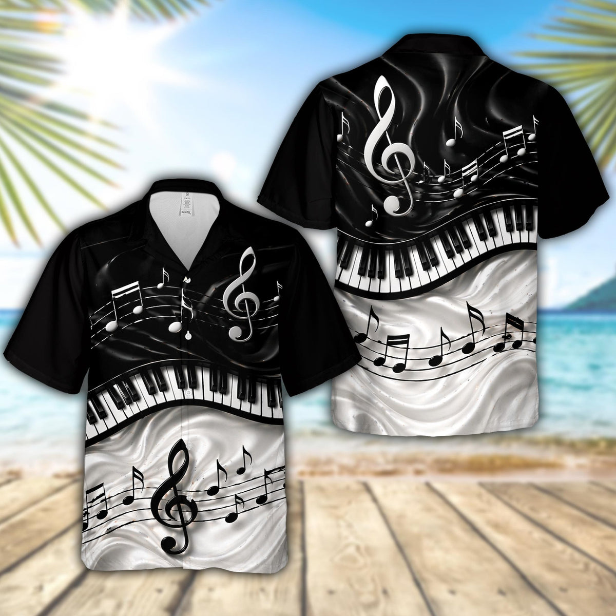 Music hawaiian shirt with black and white piano keyboard design, main view