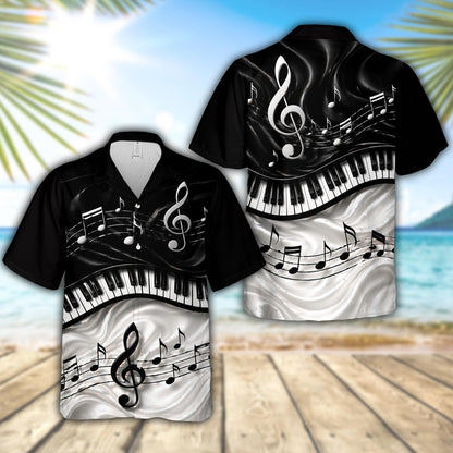 Music hawaiian shirt with black and white piano keyboard design, front view