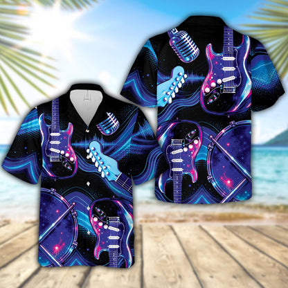 Vibrant neon music hawaiian shirt featuring electric guitars and drum sets, main view