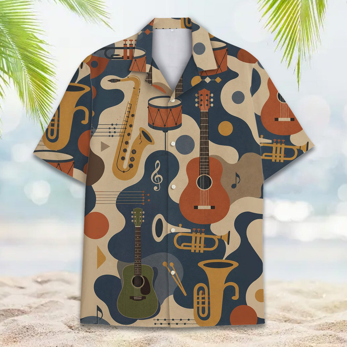 Abstract music hawaiian shirt with retro instruments, front view detail 2