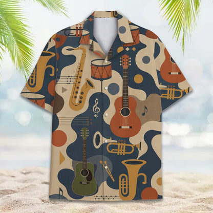 Abstract music hawaiian shirt with retro instruments, front view detail 2