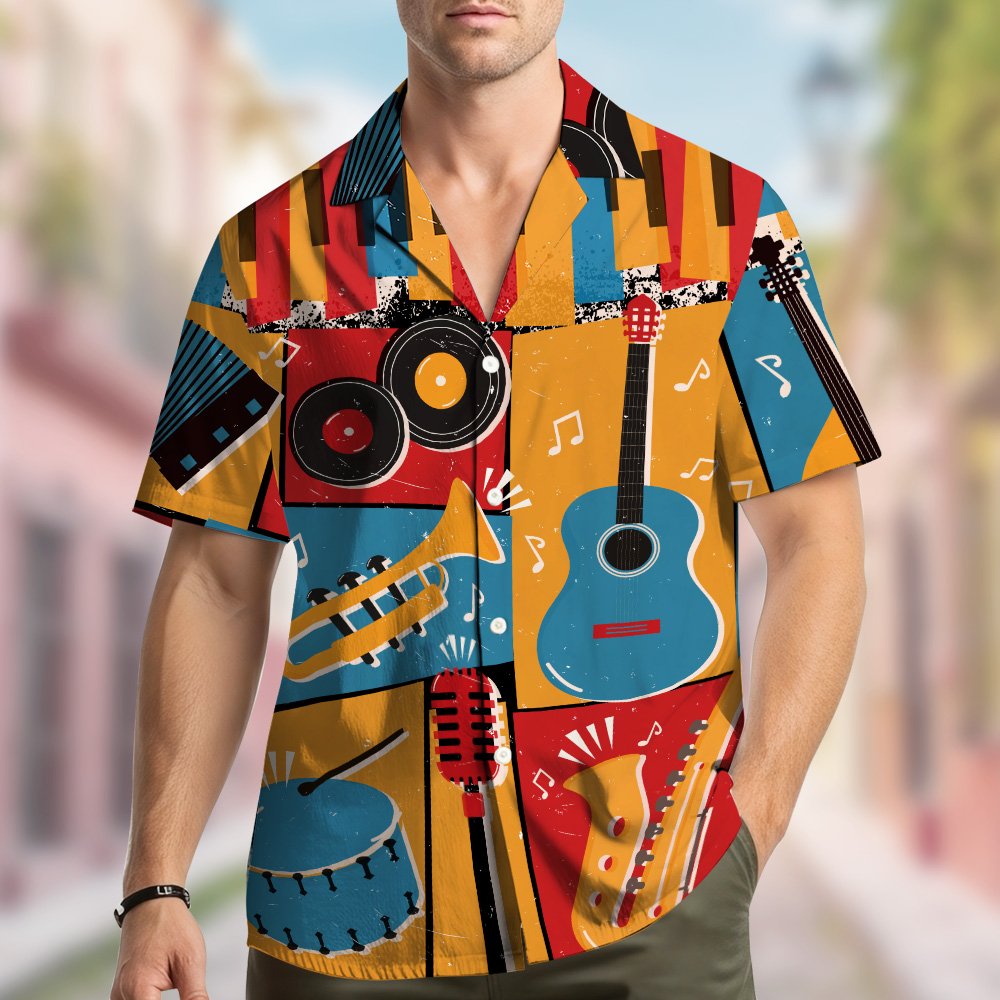 Another front view of the matching family hawaiian shirt with musical instruments