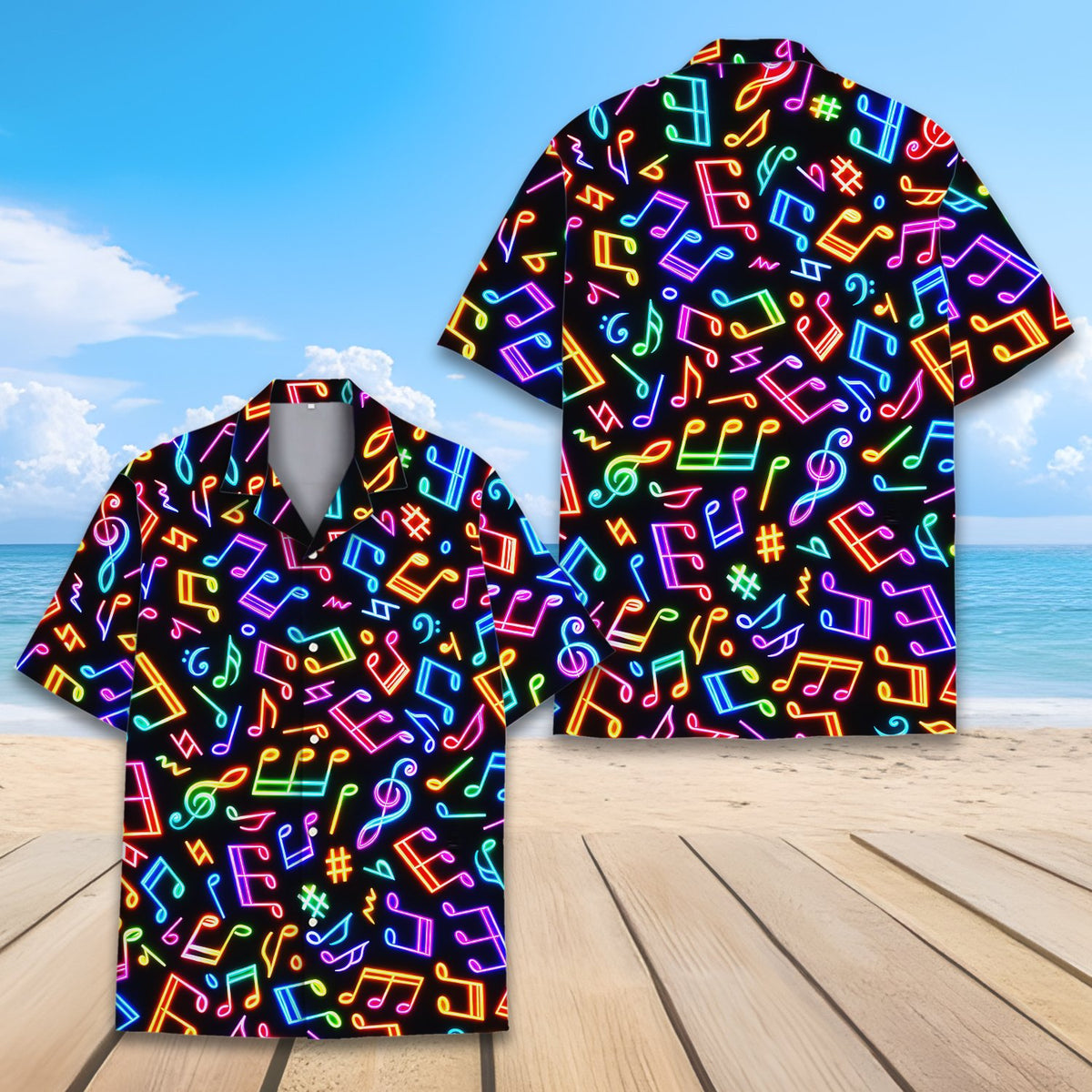 Another front view showing the detailed music note pattern on a black background