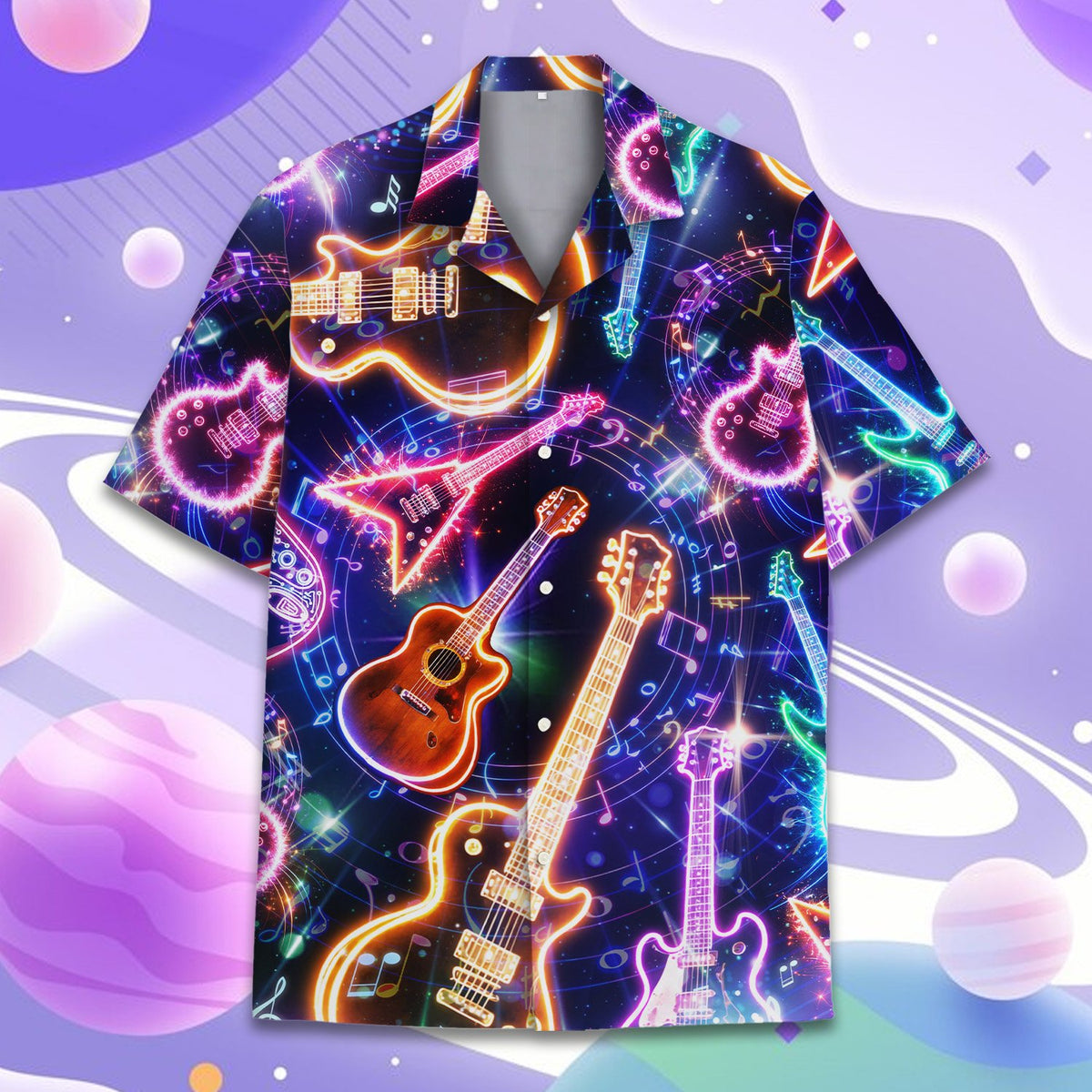 Detailed front view of the music hawaiian shirt with neon pink and blue elements