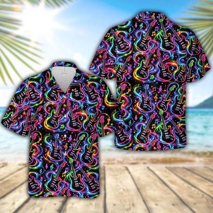 Hawaiian shirt music design with glowing neon swirls on black background, front view