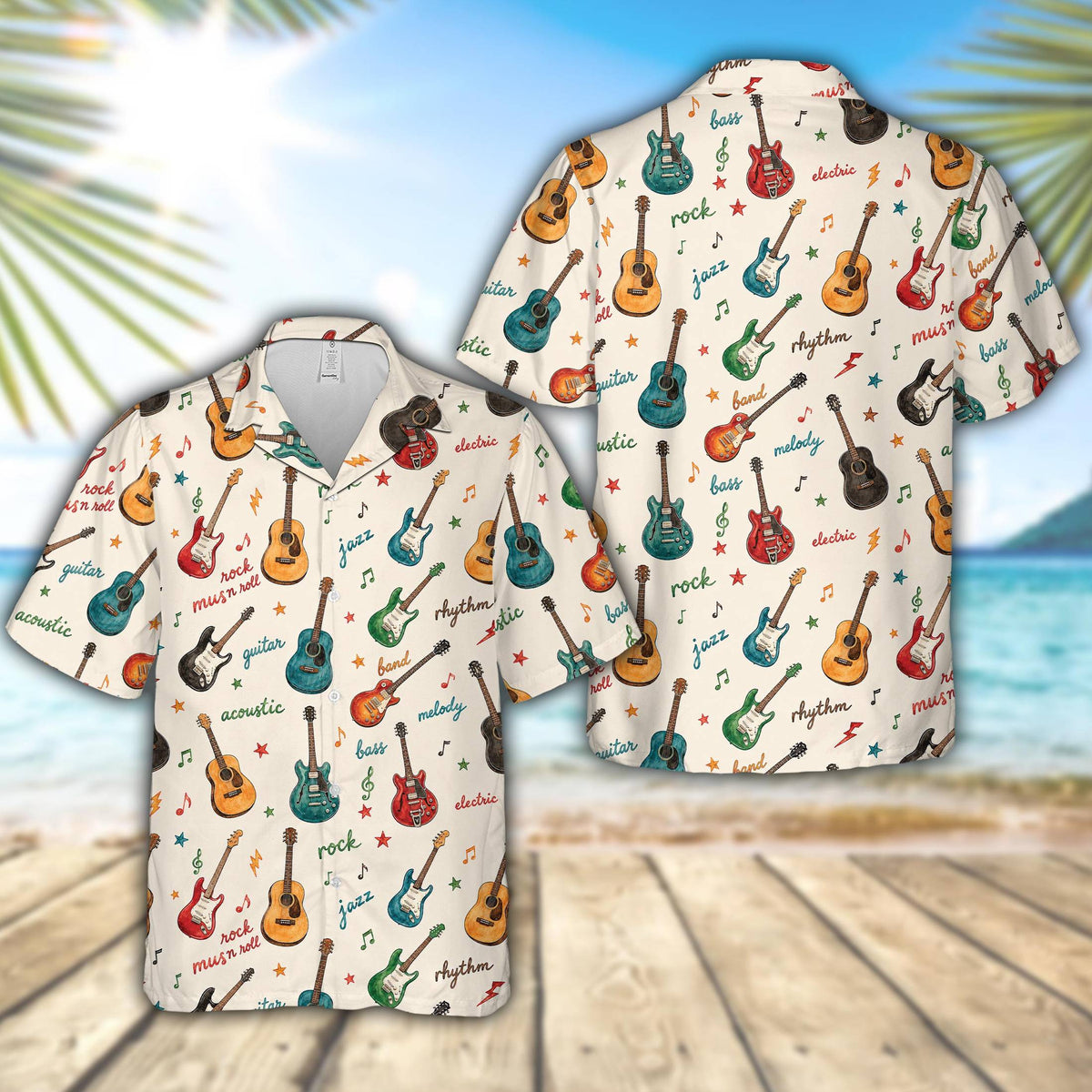 Front view of the beige music hawaiian shirt with an all-over guitar print pattern