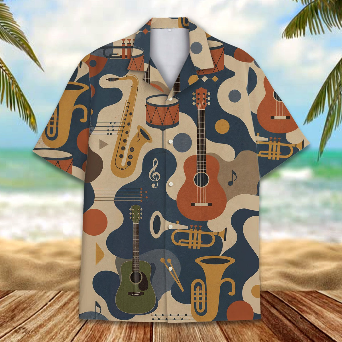 Abstract music hawaiian shirt with retro instruments, front view detail 3