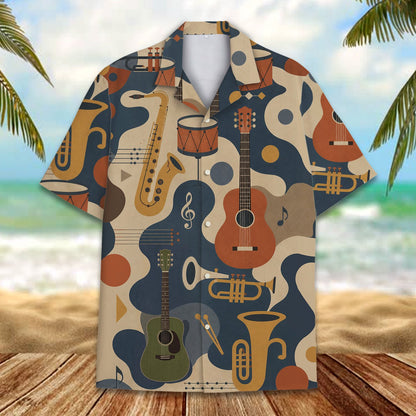 Abstract music hawaiian shirt with retro instruments, front view detail 3