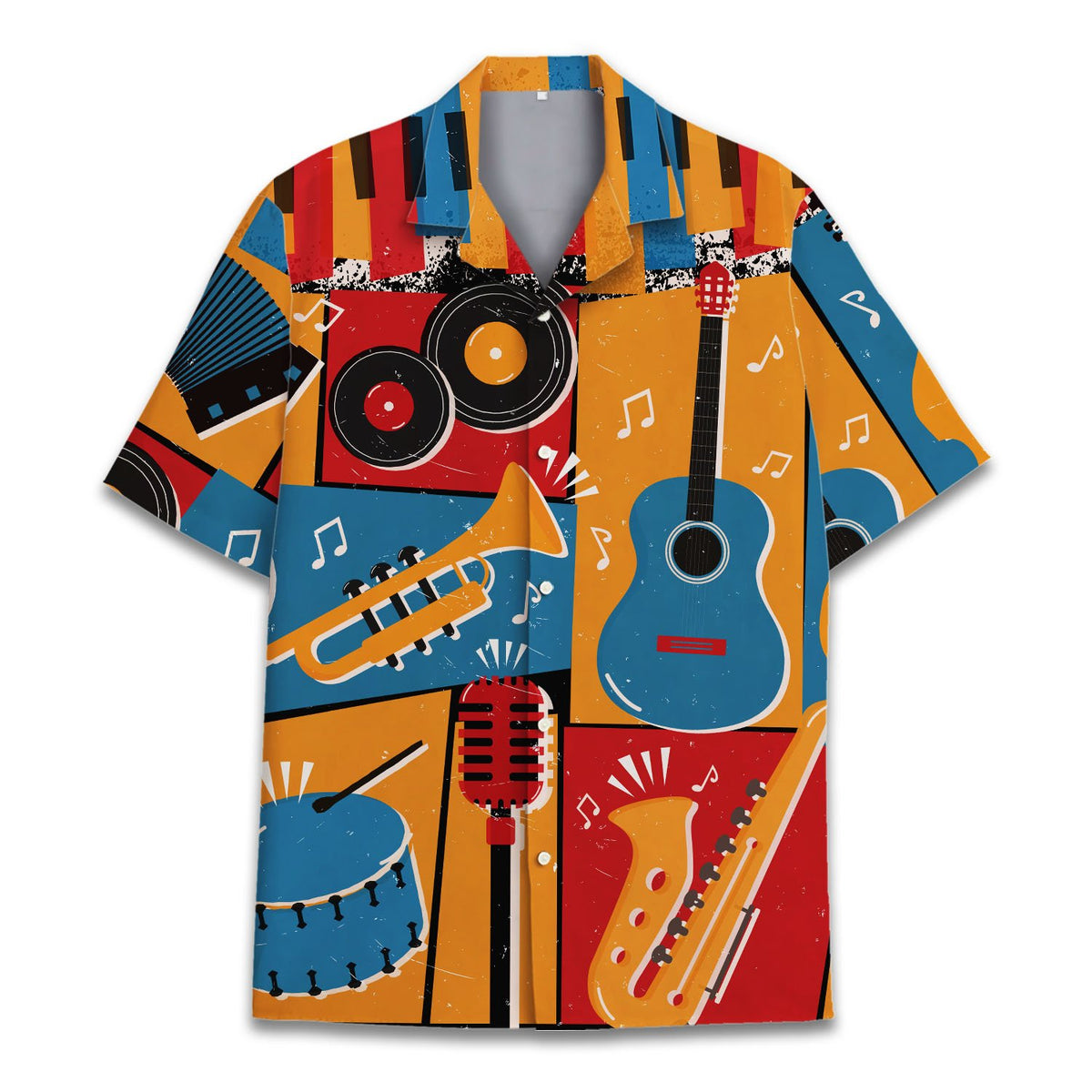 Close-up front view detailing the retro colors and abstract pattern of the music hawaiian shirt