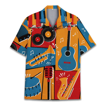 Close-up front view detailing the retro colors and abstract pattern of the music hawaiian shirt
