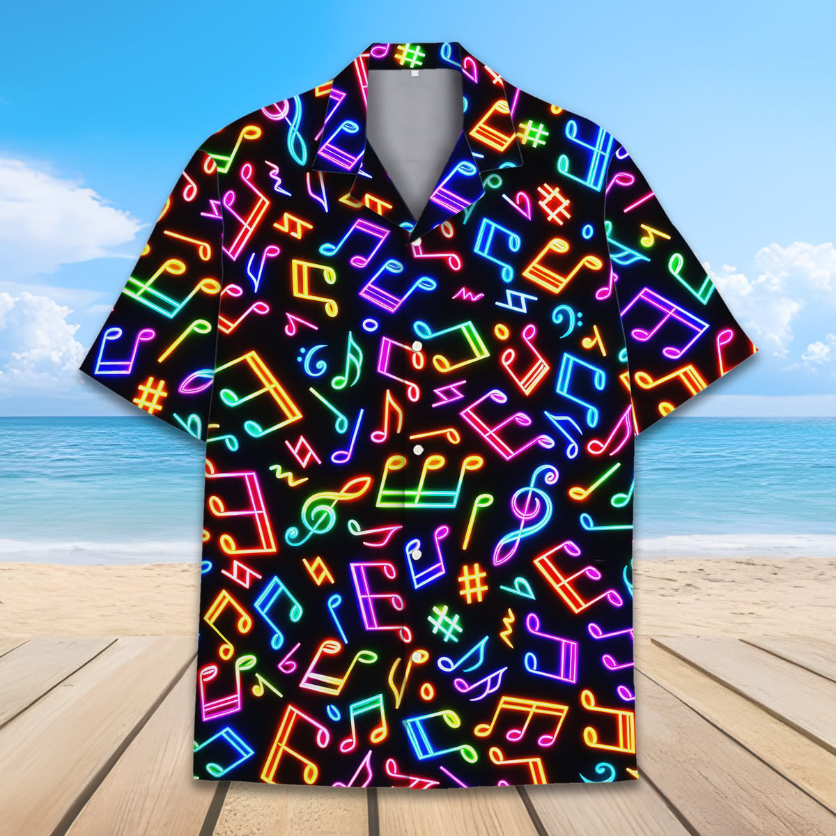 Close-up front view highlighting the neon-style print of the music hawaiian shirt